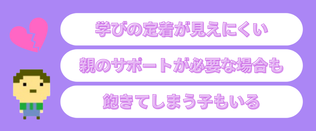 デジタネの残念な口コミ3選。
「学びの定着が見えにくい」
「親のサポートが必要な場合も」
「飽きてしまう子もいる」