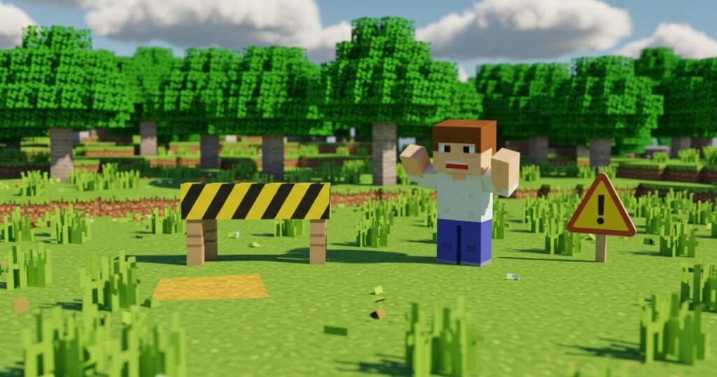 マイクラ風のキャラクターが草原で警告ポーズをとり、黄色と黒のバリケードと小さな注意標識が並ぶ注意喚起シーン