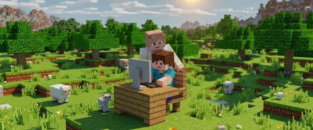 マイクラ風の草原で親子が木製デスクのパソコンに向かい、ゲーム学習を楽しむ様子。周囲に羊や木々がのどかに広がるブロック世界のイラスト