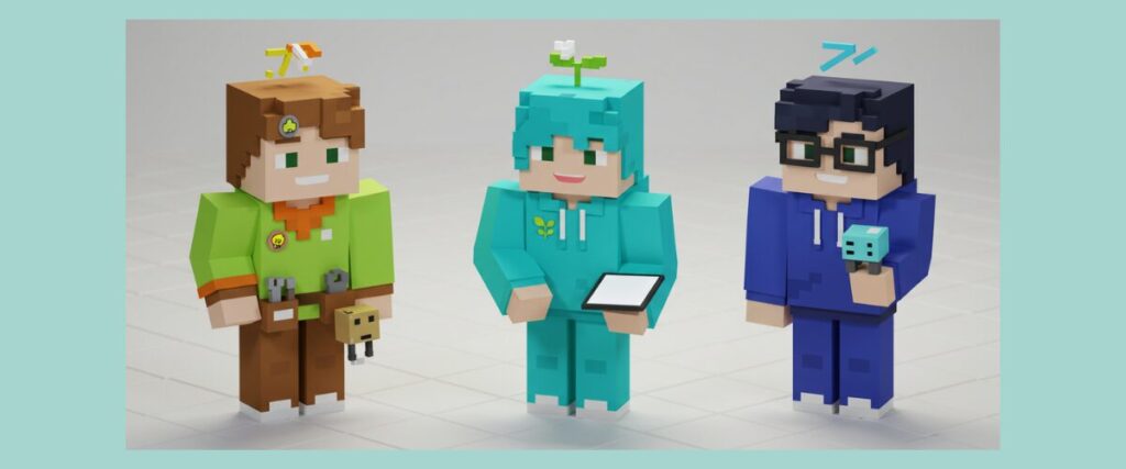 マイクラ風の擬人化キャラ3人。小学生向けオンラインプログラミング教室の三社比較イメージ。