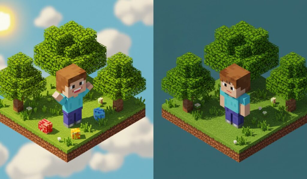 LITALICOワンダーオンラインのメリットとデメリットを表すマイクラ風イラスト｜左側は楽しそうに学ぶキャラクター、右側はがっかりしたキャラクター、マイクラ風の屋外背景