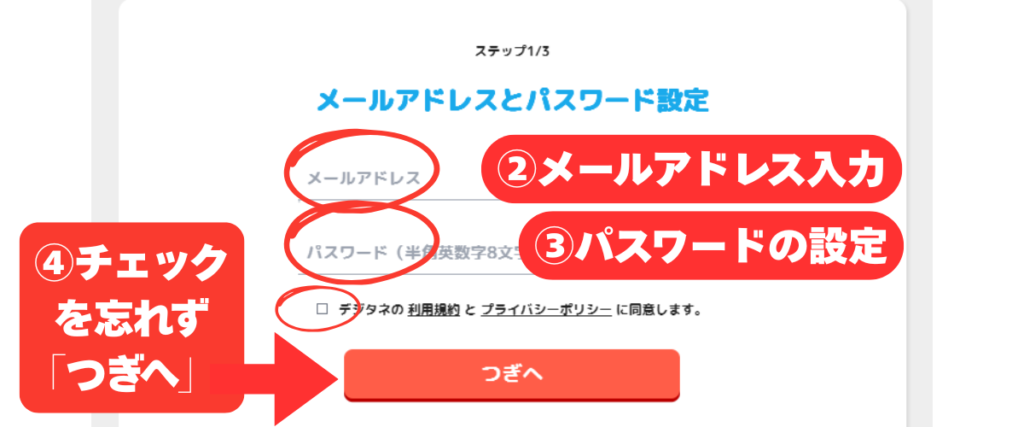 デジタネの公式サイトから無料体験に申し込むための手順。メールアドレスの入力とパスワードを設定する画像。