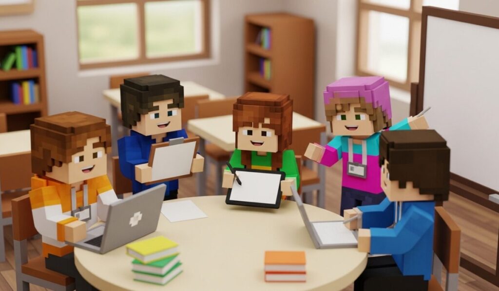 マイクラ風の教室で小学生たちがタブレットやノートパソコンを使って楽しそうにプログラミングを学ぶ様子｜協力しながらアイデアを共有するオンライン学習イメージ