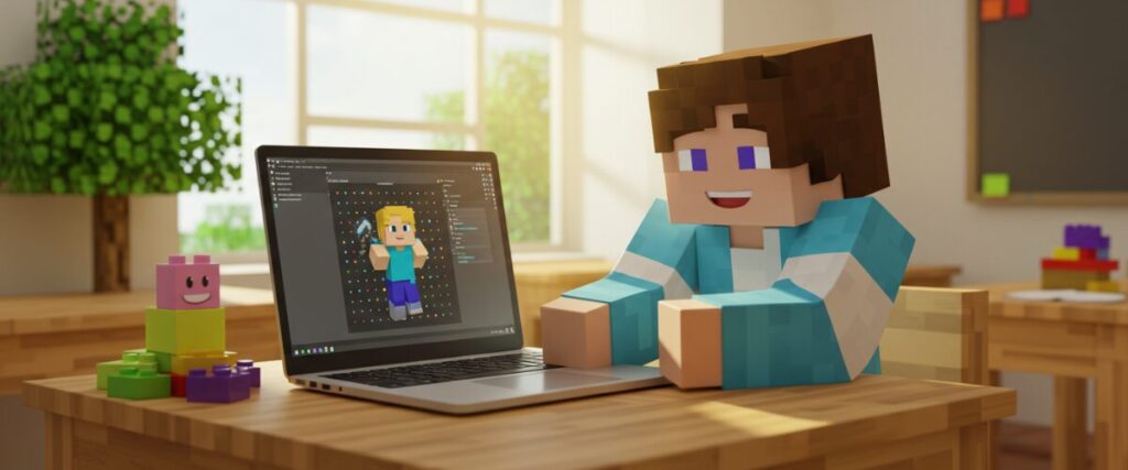 小学生風のマイクラ風キャラクターが教室でノートパソコンを使い、プログラミング学習を楽しんでいる様子。画面にはブロックで作成されたキャラが表示され、子どもの創造力と学びを表現。
