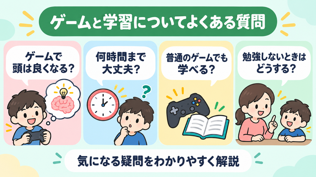 ゲームと学習について保護者が気になる学習効果やゲーム時間の疑問を解説するイラスト