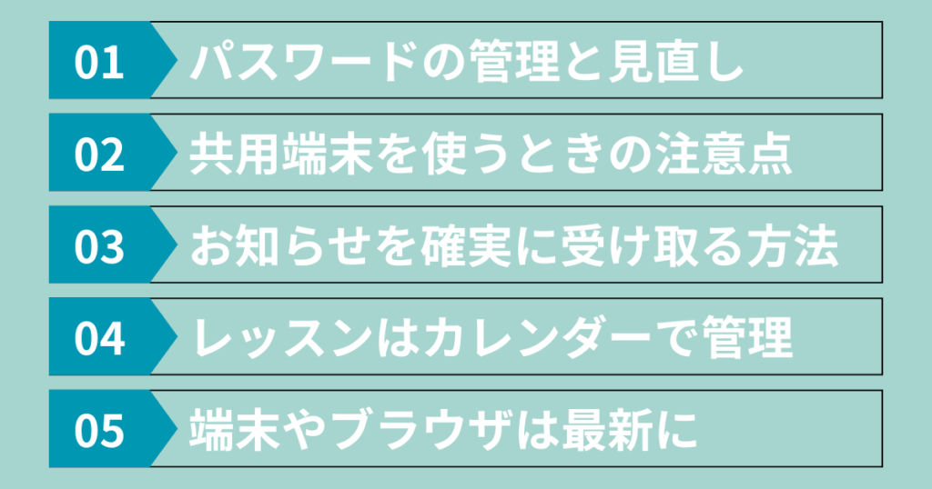 LITALICOワンダーオンライン ログインの初期設定チェック：①パスワード管理②共有端末の注意③お知らせ受信④レッスンはカレンダー⑤端末・ブラウザを最新に