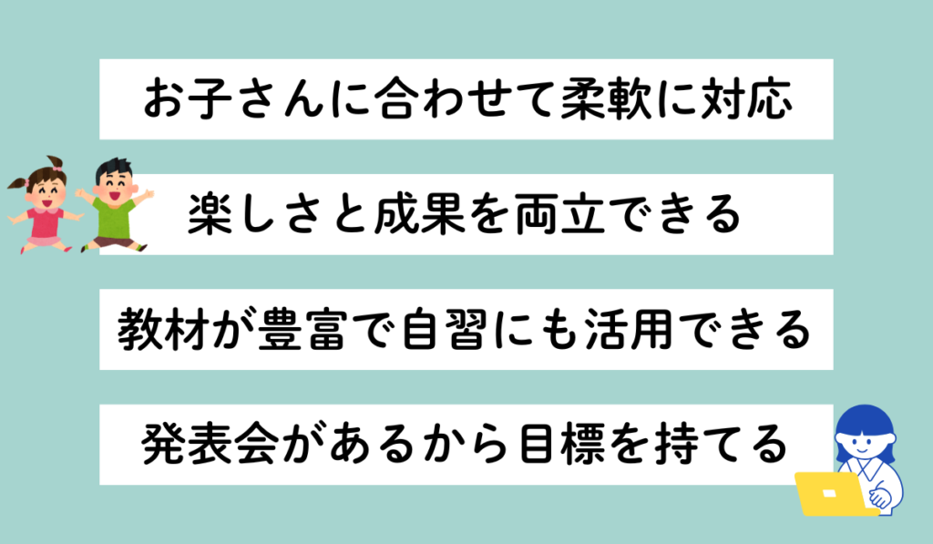 LITALICOワンダーオンラインのいい口コミまとめ：子どもに合わせた柔軟対応／楽しさと成果の両立／教材が豊富で自習可／発表会で目標形成