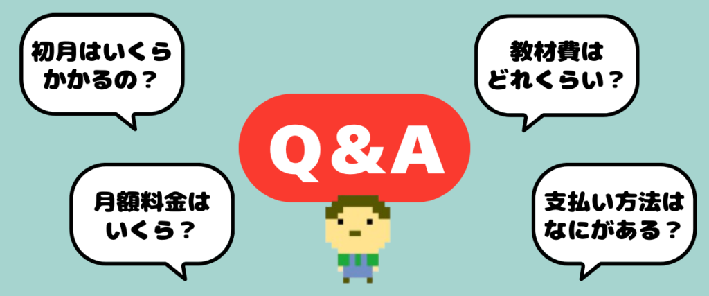 LITALICOワンダーオンライン料金に関するQ&A|初月の費用・月額料金・教材費・支払い方法をわかりやすく解説するイラスト