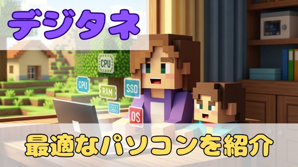 デジタネ向けパソコン選びを紹介するマイクラ風イラスト。母親と息子がノートパソコンで必要スペックを確認しているシーン