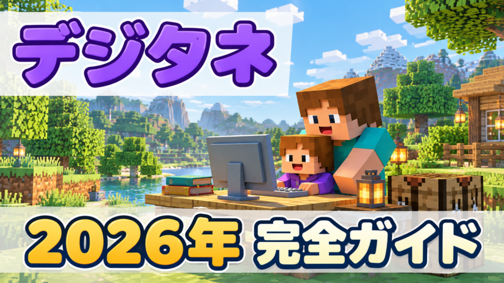 デジタネ2026年完全ガイドのアイキャッチ画像｜マイクラ風の世界で親子がパソコン学習する子ども向けプログラミング教材
