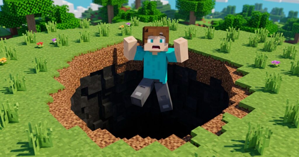 マインクラフト風の人物が地面の穴に落ちそうになり驚いた表情を浮かべている画像