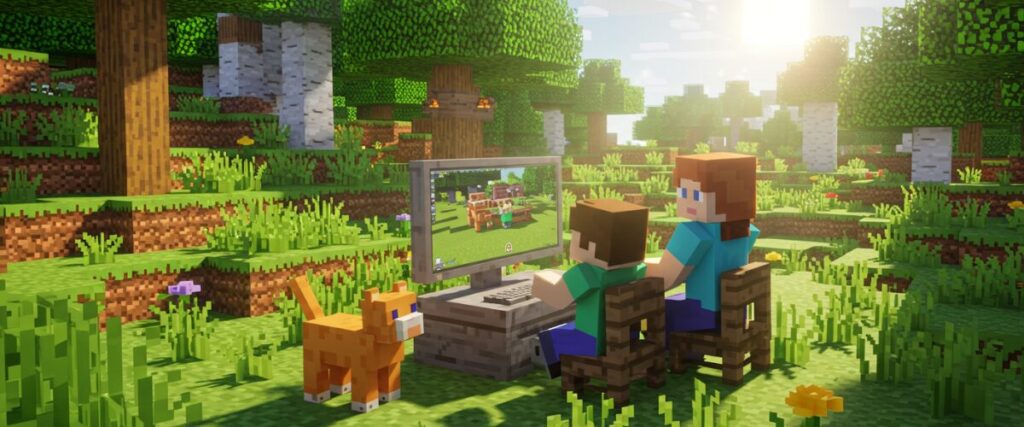 マインクラフト風の森の中で、親子が並んでパソコン画面を見ながらゲームを楽しんでいる様子。そばにはオレンジ色のネコもいる。