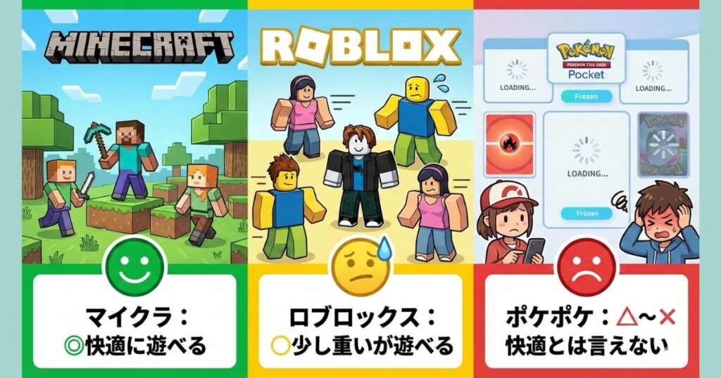 Bmax I10 Plus レビュー｜マイクラは快適・ロブロックスは少し重い・ポケポケは不向きなゲーム動作比較図