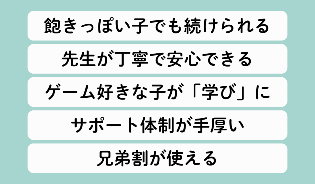 bibibiの良い口コミを示す図：飽きっぽい子でも続けられる／先生が丁寧で安心できる／ゲーム好きな子が「学び」に／サポート体制が手厚い／兄弟割が使える