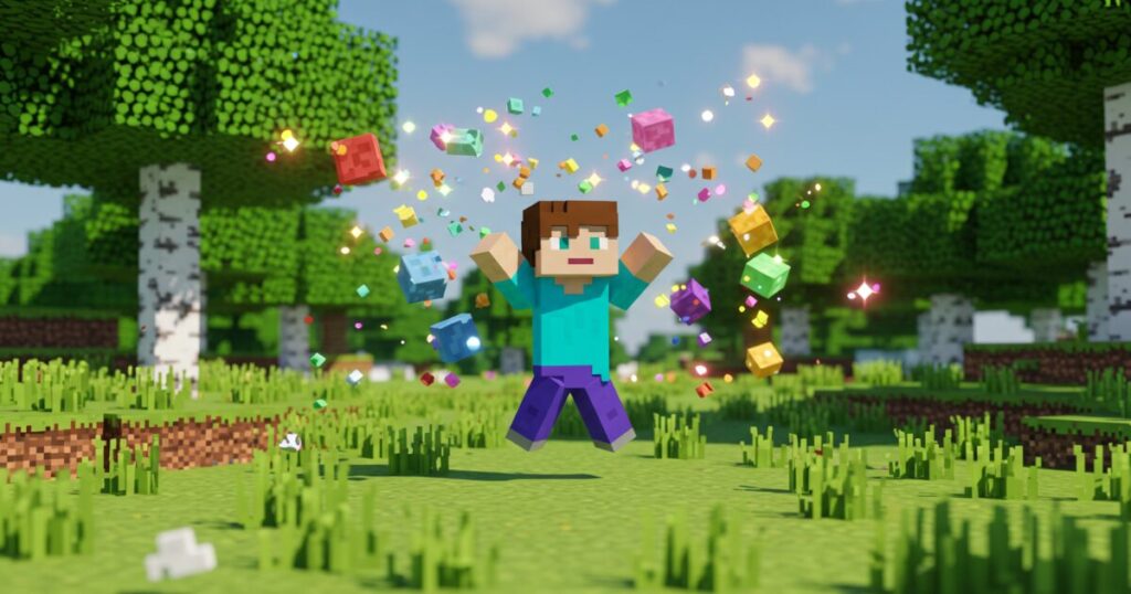 マイクラ風のキャラクターが草原でジャンプしながら喜びを表現し、カラフルなボクセルの光やブロックが周囲に舞うイラスト