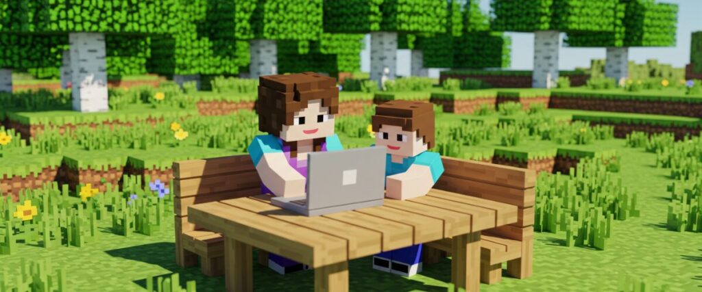 Minecraft風のキャラクターが屋外のベンチでノートパソコンを使っている様子。親子が自然の中で一緒に学習しているシーン