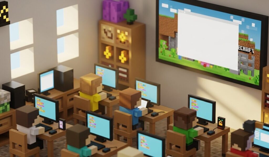 マインクラフト風の教室で小学生たちがパソコンを使ってプログラミングを学ぶ様子｜大型モニターにマイクラの画面が映る授業風景｜子ども向けプログラミング教育のイメージ