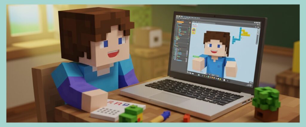 小学生が自宅でLITALICOワンダーオンラインのプログラミングオンライン授業を受ける様子。ノートパソコンにScratchの画面とマイクラ風キャラクターが表示され、楽しく学習するイメージ。小学生向け習い事・プログラミング教材として人気