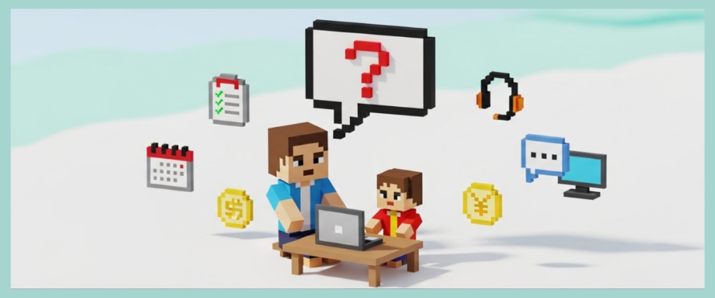 ITeens Lab（アイティーンズラボ）の口コミ・よくある質問（FAQ）をイメージしたマイクラ風イラスト。親子がパソコンで学習し、料金・スケジュール・サポート・チャット相談など入会前に確認したいポイントを表現