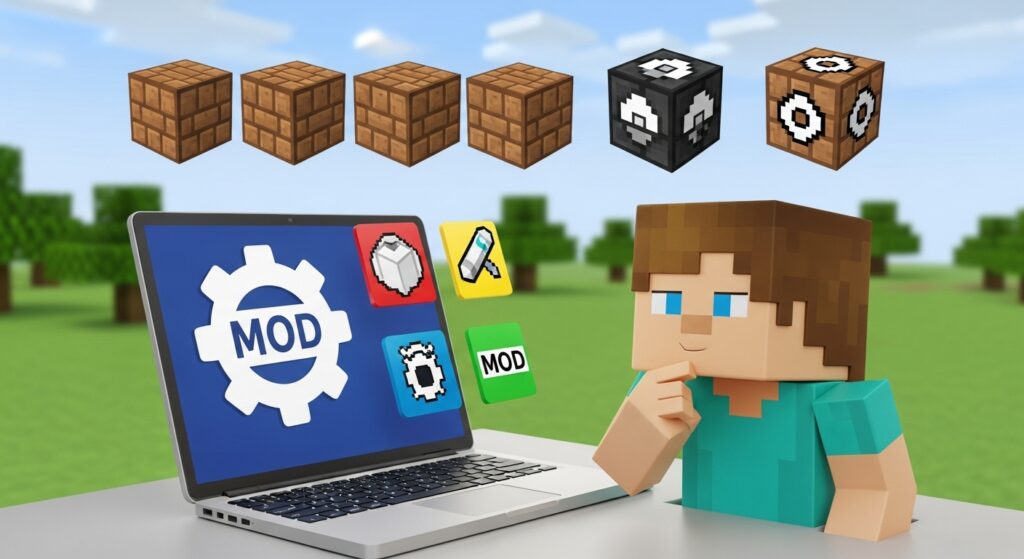 マイクラ風のキャラクターがノートパソコンでMODの必要性を考えている様子を示すイラスト