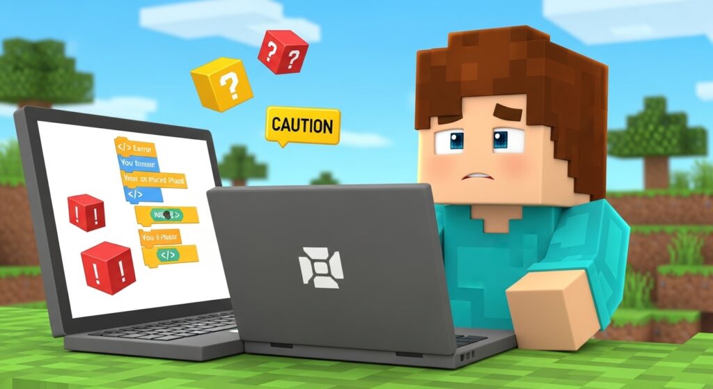 マイクラ風キャラクターの子どもがパソコンでブロックプログラミングのエラーに困っている様子を示すイラスト