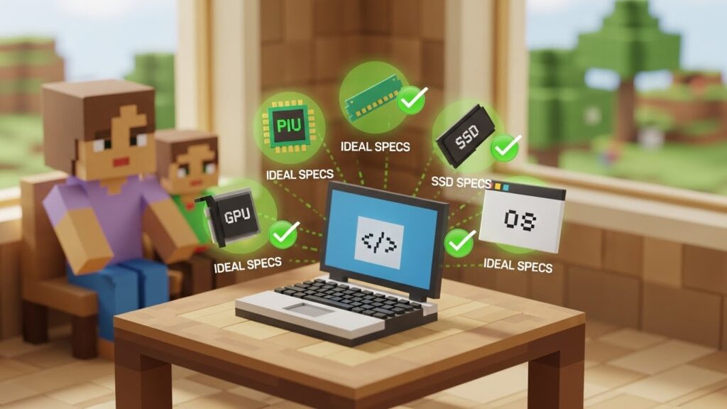 デジタネに最適なパソコン理想スペックを解説するマイクラ風イラスト。母親と子どもがノートPCを見ながらCPU・メモリ・SSD・GPU・OSの推奨スペックを確認しているシーン