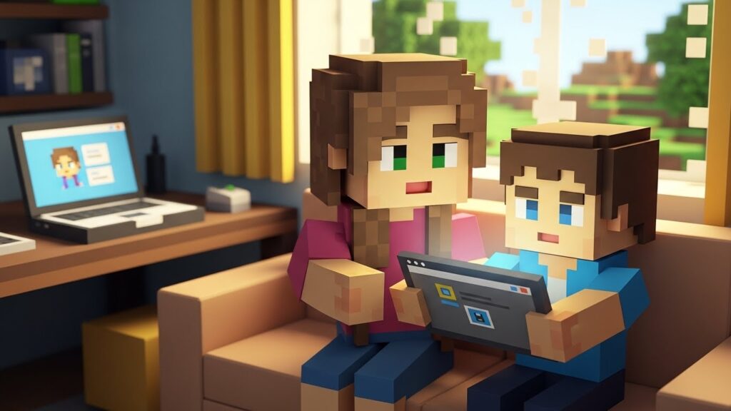 デジタネをタブレットで使う親子のマイクラ風イラスト。リビングで母親と子どもが学習し、後ろのノートパソコンも表示されたオンライン教材のシーン