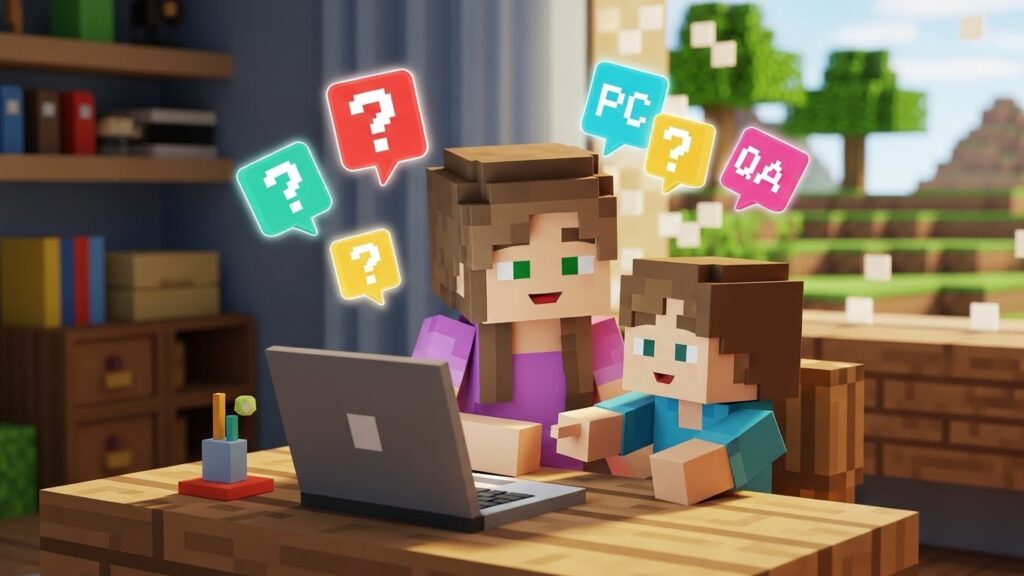 デジタネ向けパソコンの疑問を調べる親子のマイクラ風イラスト。ノートPCの前でQ&Aや質問アイコンが浮かび、家庭で学習する様子