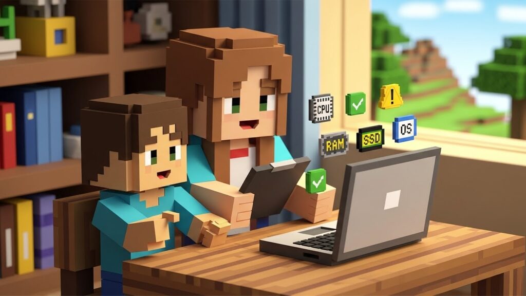 デジタネ用パソコンのスペックを確認する親子のマイクラ風イラスト。CPU・RAM・SSD・OSのチェックアイコンが表示された学習シーン