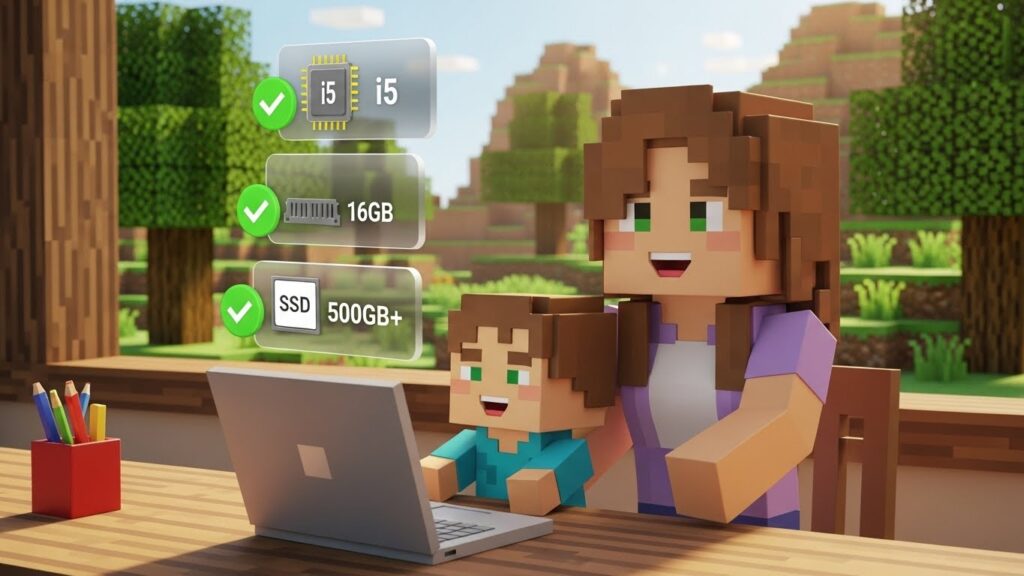 デジタネ向けパソコンの理想スペック(Core i5・メモリ16GB・SSD500GB以上)を満たすノートPCを使う親子のマイクラ風イラスト