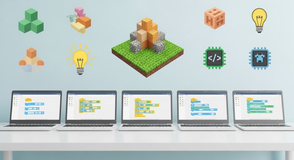 複数のノートパソコンにマイクラ風ブロックプログラミング画面が並び、小学生向けマイクラ学習の比較を示すイラスト