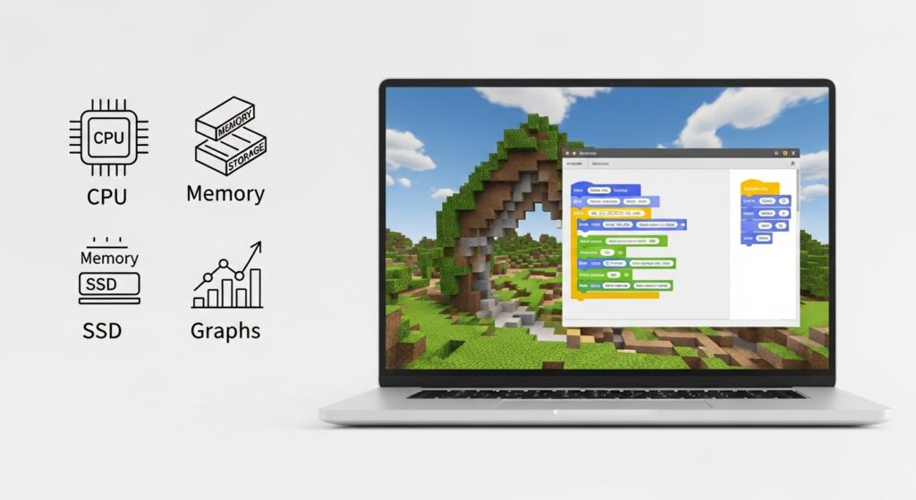 マイクラ風のブロック画面とブロックプログラミングを表示したノートパソコンと、CPU・メモリ・SSDなど必要スペックのアイコンを並べたイラスト