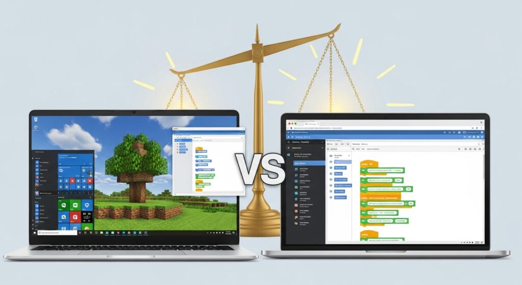 WindowsノートパソコンとMacノートパソコンでマイクラとプログラミング画面を比較し、どちらが学習に適しているかを示すイラスト