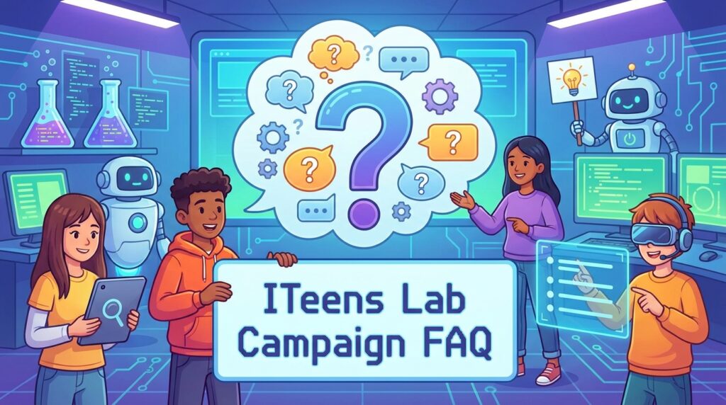 ITeens Labキャンペーンのよくある質問（FAQ）イメージ｜教室風の背景と質問マーク、子どもとロボットのイラスト