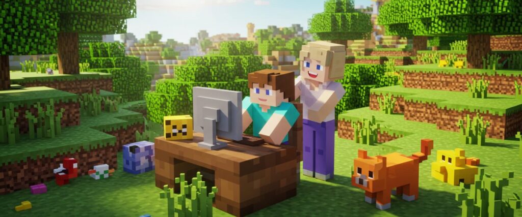マイクラ風の草原で、パソコンを操作する子どもを笑顔で見守る母親。周囲にブロック調の猫や羊など動物が集まるほのぼのシーン。