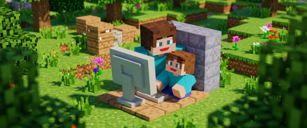 マイクラ風のブロック世界で、父親と子どもが並んでパソコンを操作しながらプログラミング学習を楽しんでいる様子。自然豊かな背景にキャラクターが笑顔で座っている。
