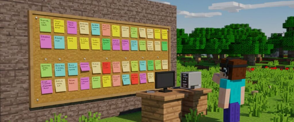 マイクラ風の草原に立つ掲示板に、20校分のカラフルな付箋を一覧表のように貼り出し、それをヘッドセット姿のキャラクターが眺めるシーン。横にはパソコンが置かれ、オンライン学習をイメージさせるイラスト