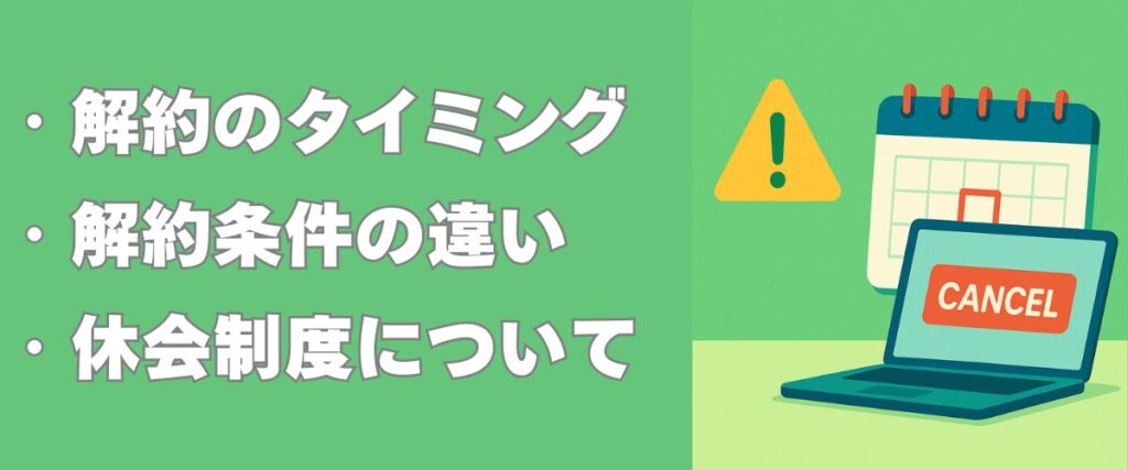 損をしてしまわないためにも、解約前にチェックするポイント。解約のタイミング、解約条件の違い、休会制度について。