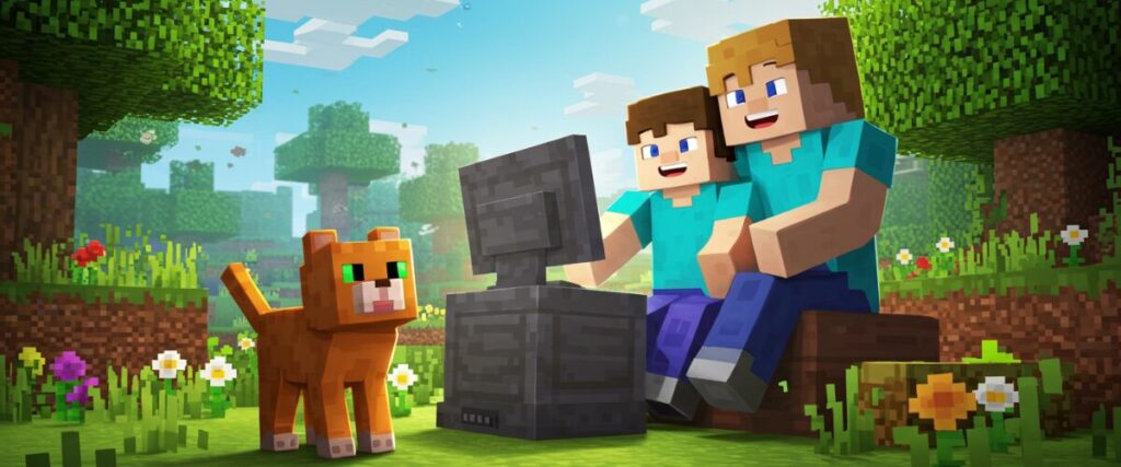 マイクラ風の草原で親子キャラが石造りPCを一緒に操作し、横にオレンジ色の猫が寄り添うシーン。