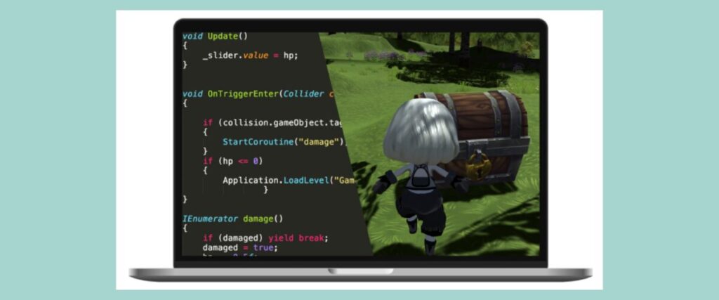 LITALICOワンダーオンライン ゲーム＆アプリ エキスパート：PC画面でC#コードとUnityの3Dゲーム画面を並べて学ぶ様子