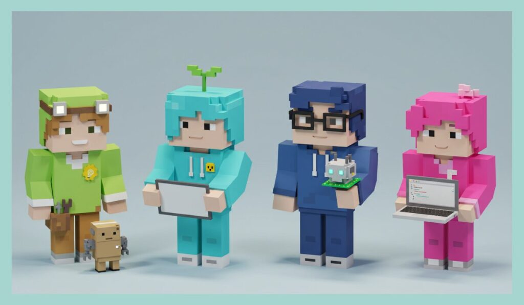 マイクラ風の擬人化キャラ4人。小学生向けオンラインプログラミング教室の4社比較イメージ。