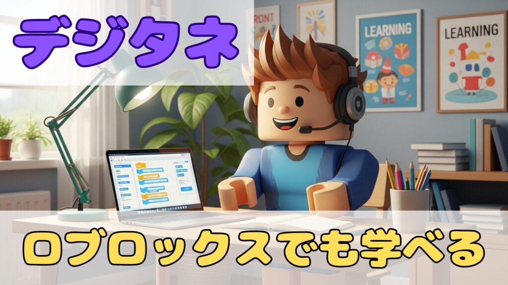 デジタネのロブロックス学習を楽しむ小学生キャラクター｜オンラインでプログラミングを学ぶロブロックス風の子どもとPC画面のイラスト