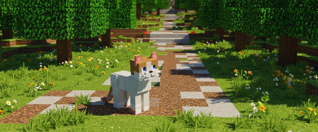マインクラフト風の自然豊かな道を歩くネコ。両側に木々と花が並ぶ石畳の小道が奥へと続いている。