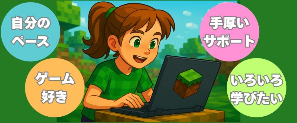 デジタネがおすすめのお子さんの特徴を記載した画像。パソコンを楽しそうに触る女の子の画像と自分のペース、ゲーム好き、手厚いサポート、いろいろ学びたい、と文字が記載されています。