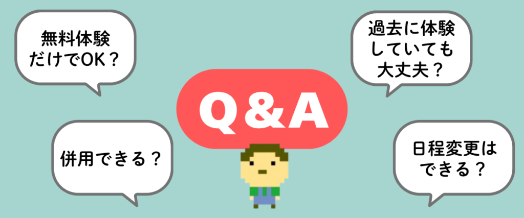LITALICOワンダーオンラインのキャンペーンや入塾に関するQ&Aイラスト｜無料体験だけでOK？併用できる？過去体験者や日程変更の疑問をまとめた図解