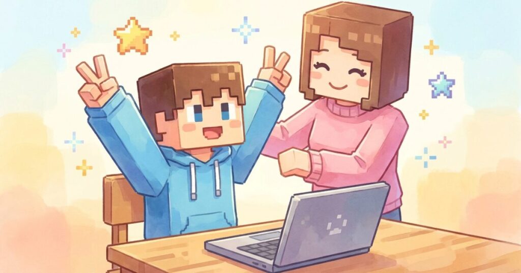 ITeens Labの無料体験を終えて笑顔の親子のイラスト