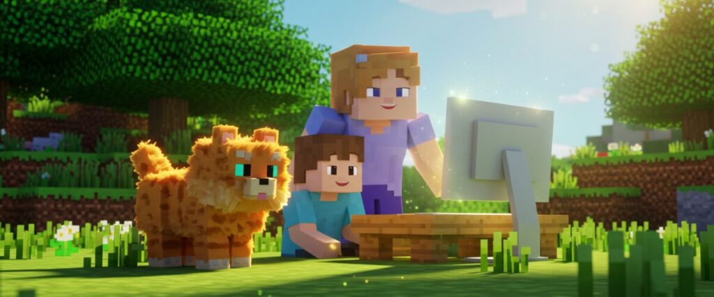 マイクラ風の草原で、親子キャラクターが木製テーブルのパソコンを一緒に操作し、隣にブロック調の猫が寄り添う晴れのシーン。