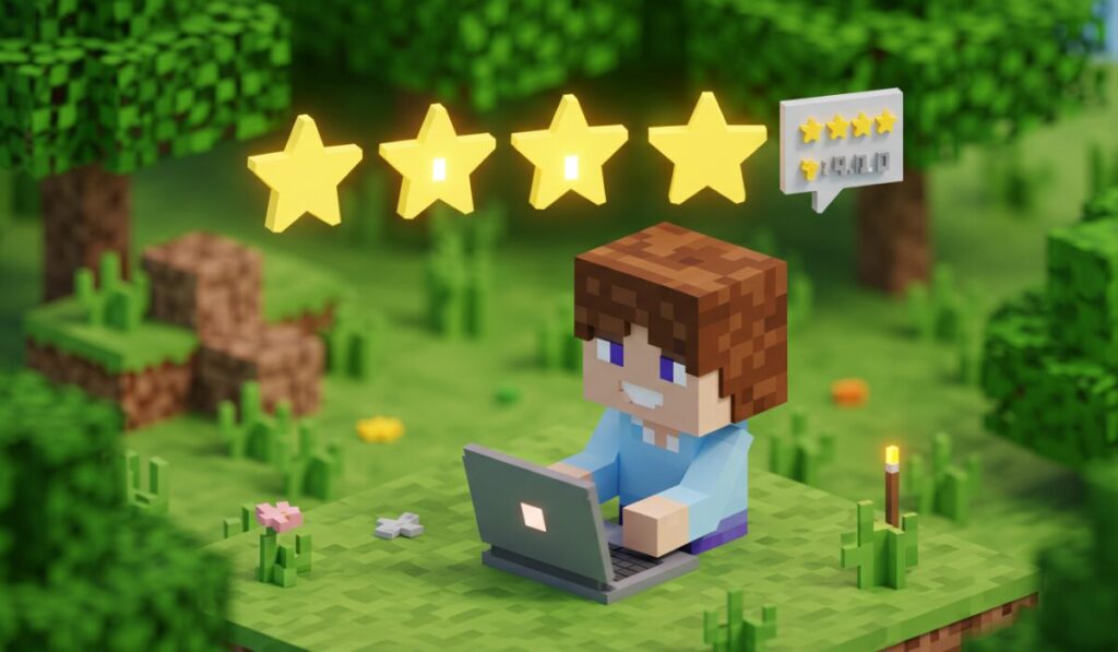 LITALICOワンダーオンラインの口コミ・評価イメージ｜マイクラ風キャラクターがノートパソコンで学習し、頭上に星4つが点灯し★4.0評価を表すシーン