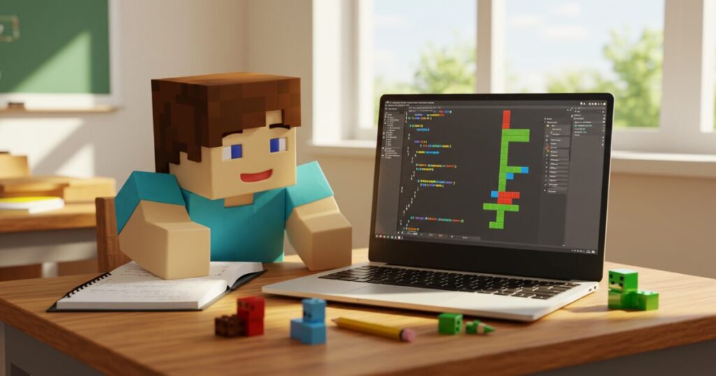 マイクラ風の男の子キャラクターがノートパソコンに向かいプログラミング学習をしているイラスト｜教室の机とノートや鉛筆が置かれた学習風景