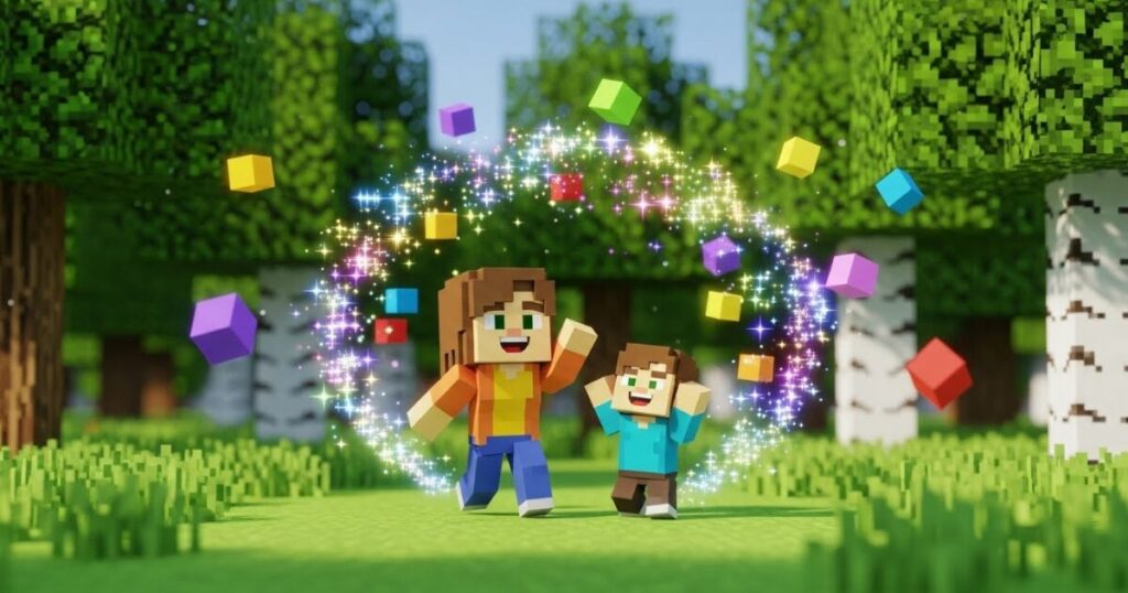 ITeens Lab（アイティーンズラボ）の口コミまとめをイメージしたマイクラ風イラスト。森の中で母親と息子が楽しそうに学びの達成を喜び、カラフルなブロックとキラキラ演出で「自由に学べる」「自信がつく」魅力を表現